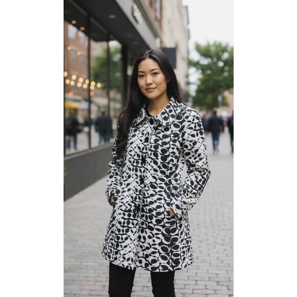 4090) Willi Smith Black Ivory Geo Print Spring Trench Coat Size Medium - Picture 1 of 10